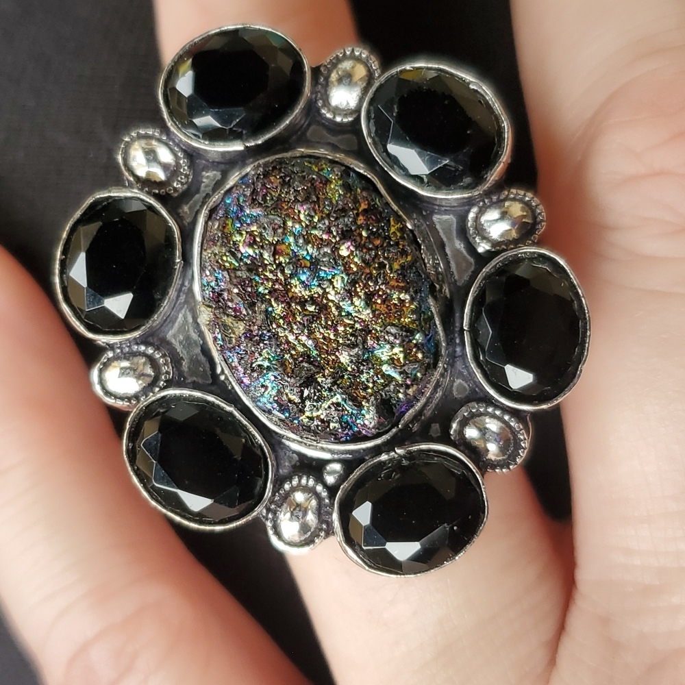 New Titanium Druzy & Spinnel 925 Silver Statement Ring.